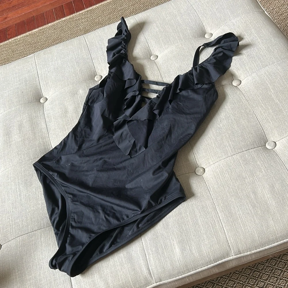 Bleu Rod Beattie Black Ruffle One Piece‎ Swim Size 12